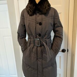 Soia & Kyo Gray Belted Puffer Coat with Removable Fur Collar